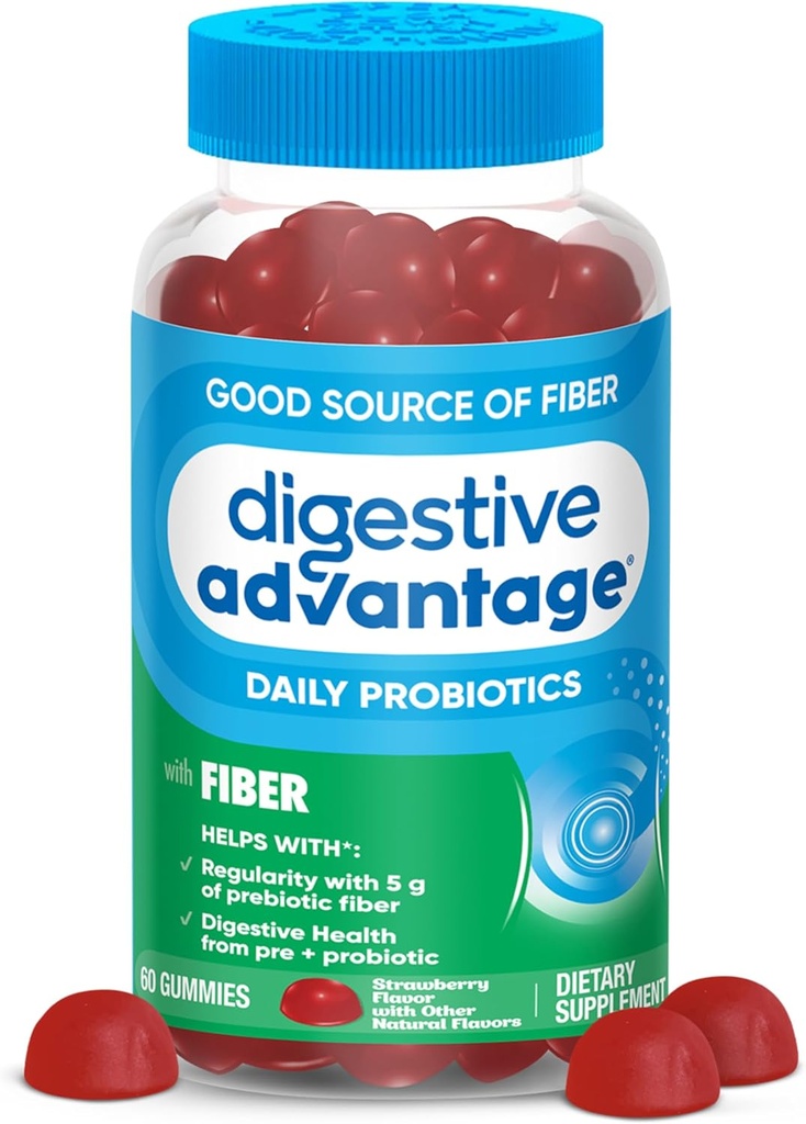 Fordøjelsesfordele Prebiotic Fiber Gummies + Probiotika til Gut Health, 5g Prebiotic Fiber Plus 1 Millioner CFU Probiotic, Understøtter fordøjelsessygdomme og regelmæssighed, (60ct flaske) Strawberry Flavor *