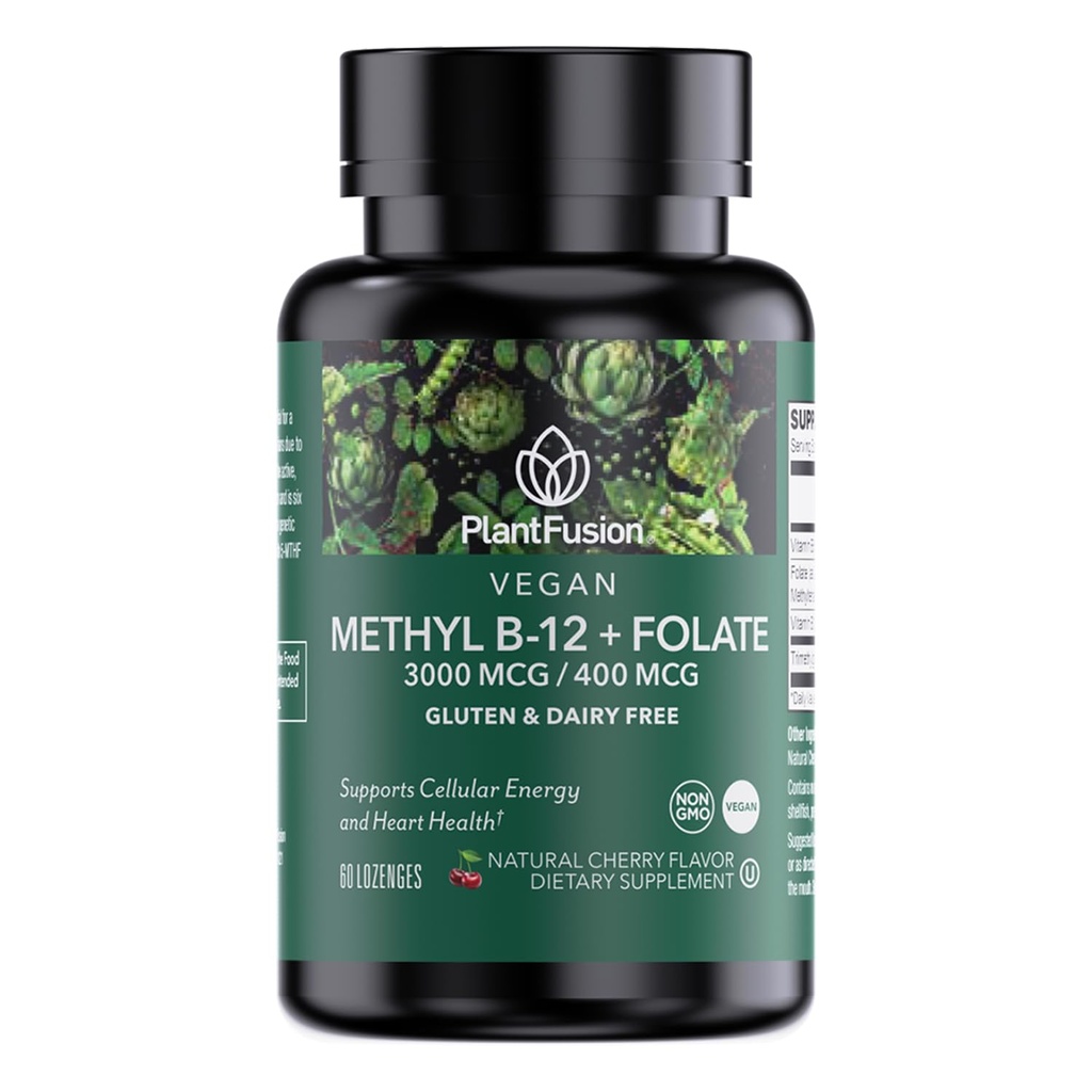 PlantFusion Metyleret vitamin B Complex - Vegan B12 3000mcg, Vegan Methylfolfolat (5-MTHF) 400mcg, B6 & TMG - Cherry- Flavored Lozenges - 60 Greve