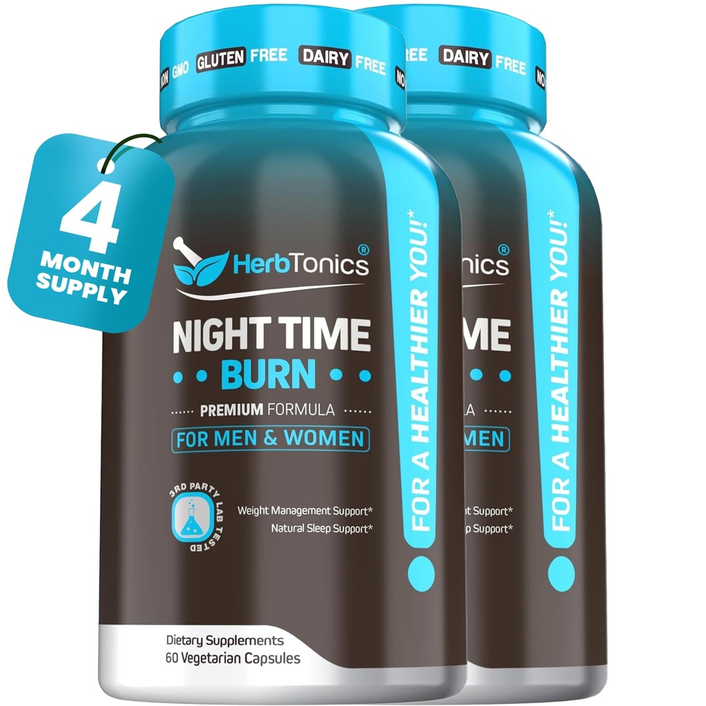 Herbtonics Night Time Burn & Sleep Complex understøtter Overnight Metabolisme, Stress Relief & Deep Sleep. Inkluderer Melatonin, Valerian og grøn te - Vegansk sengetid vægtstyring (120 kapsler)