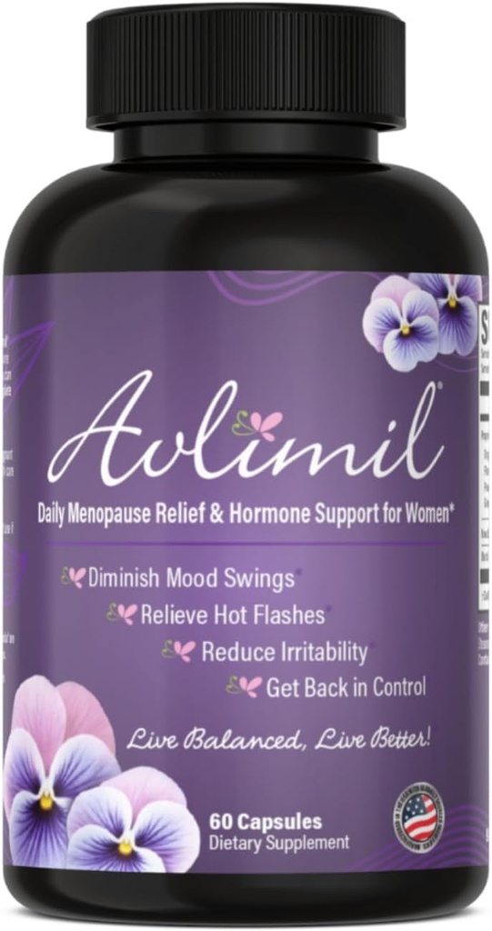 Avlimil ® Hormone Balance & Menopause Support Meod Swings, Hot Flashs, Night Sweats og Irritability - Isoflavoner, Black Cohosh, Hindbær, Valerian, Sage, Red Clover, Lemon Balm - 1-Måned