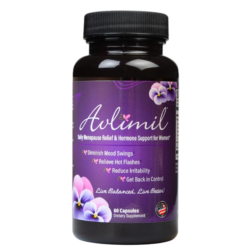 Avlimil ® Hormone Balance & Menopause Support Meod Swings, Hot Flashs, Night Sweats og Irritability - Isoflavoner, Black Cohosh, Hindbær, Valerian, Sage, Red Clover, Lemon Balm - 1-Måned