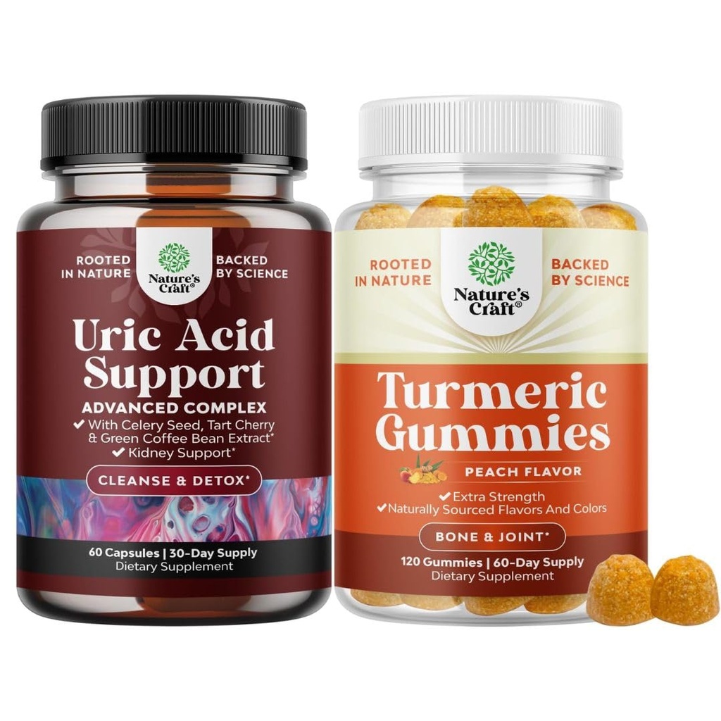 Nature Craft Bundle af Vegan Uric Acid Cleanse og Detox til mænd og kvinders Joints Nyrer og mere og gurkemeje gummier for voksne Peach Flavor - Ekstra styrke fælles støtte gummier