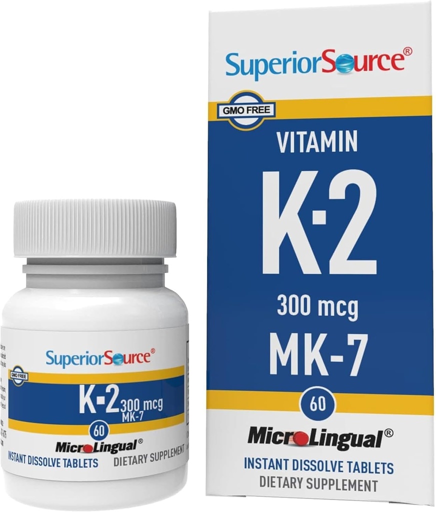 Superior Source Vitamin K2 MK- 7 (Menaquinone- 7) 300 mcg - Bone Strength & Health Support - Aids Sund Heart Function - Bariatric- Friendly - 60 Sublingual Opløsning Tablets