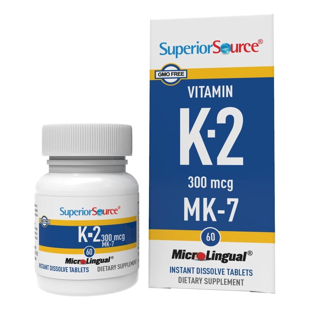 Superior Source Vitamin K2 MK- 7 (Menaquinone- 7) 300 mcg - Bone Strength & Health Support - Aids Sund Heart Function - Bariatric- Friendly - 60 Sublingual Opløsning Tablets