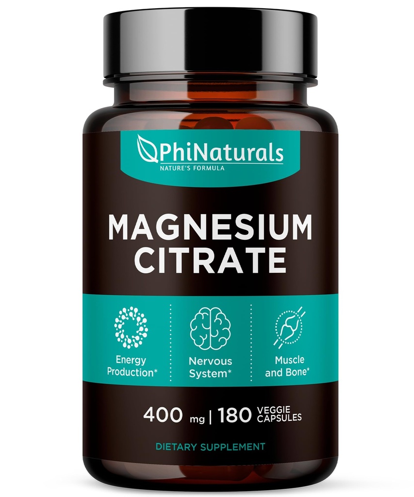 Magnesium Citrate Powder Kapsler 400mg - 180 Count Veg Caps - PhiNaturals Kosttilskud - Nervesystemet Support og Enzyme funktion