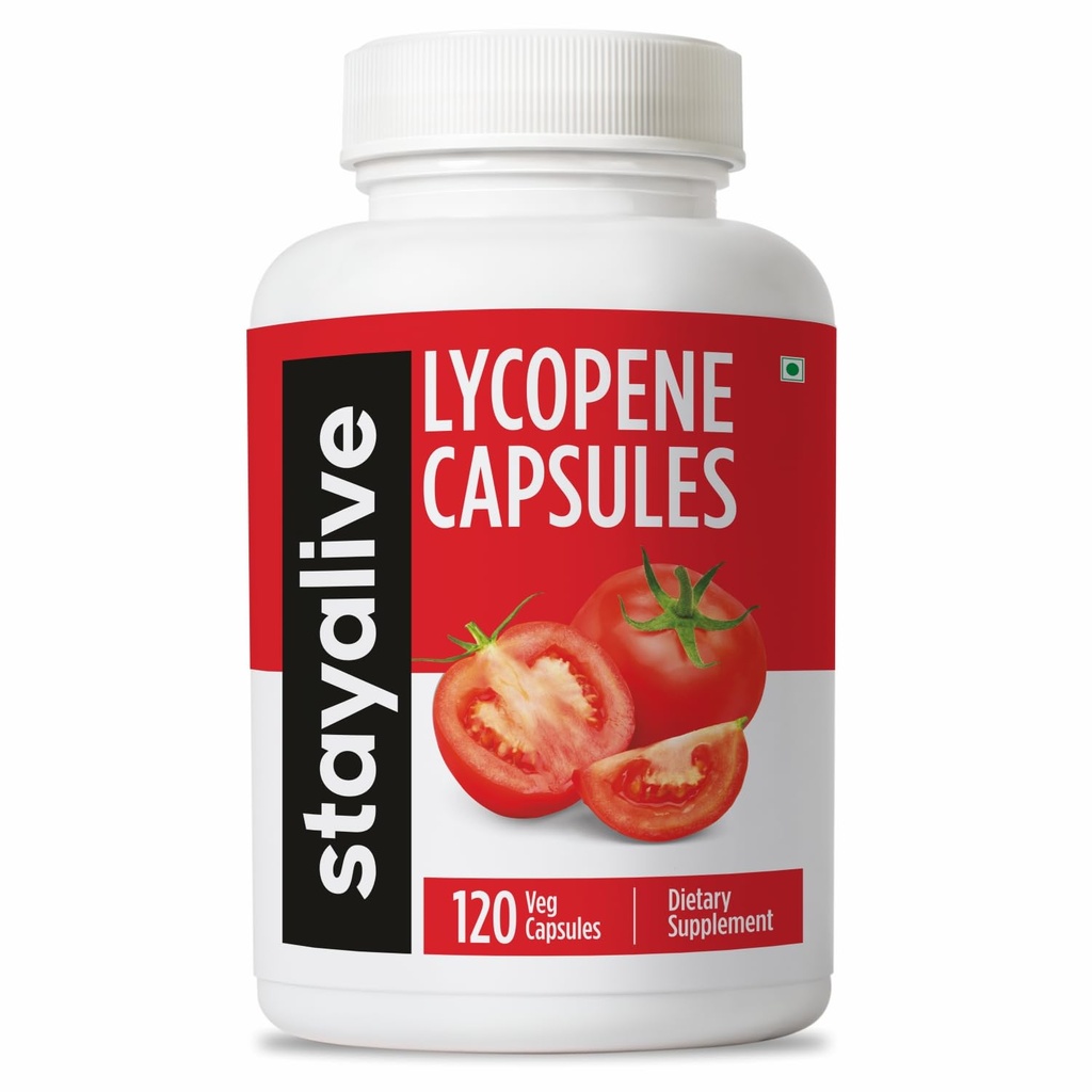 STAY ALIVE Lycopene Supplement for mænd 60mg, Natural Tomato Extract Powder, 120 kapsler med 4 Måneder Supply, 100% Veg Lycopene Complex, Non- GMO og Gluten Free Carotenoid Supplement