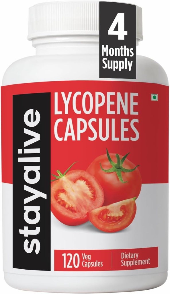 STAY ALIVE Lycopene Supplement for mænd 60mg, Natural Tomato Extract Powder, 120 kapsler med 4 Måneder Supply, 100% Veg Lycopene Complex, Non- GMO og Gluten Free Carotenoid Supplement