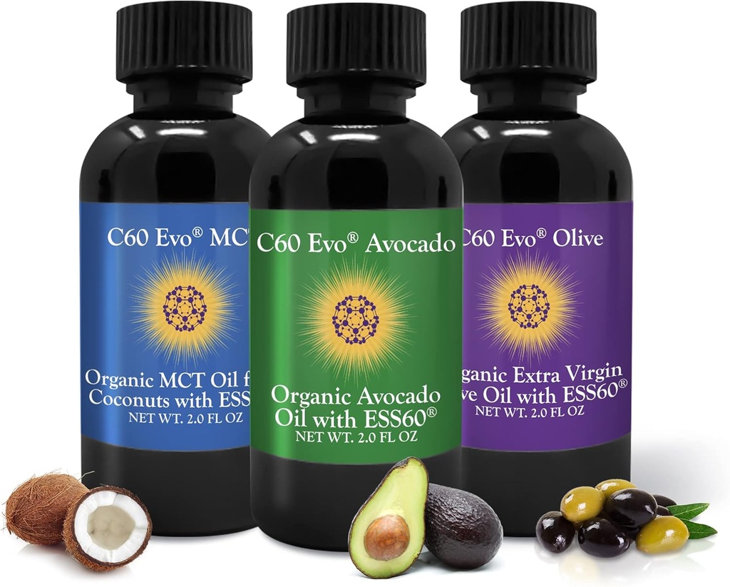 C60 Evo All- Natural Spiselige Olier, Mini Oil Sampler sæt med Pure C60 ESS60, Immun Support og fælles Support Supplement med Olivenolie, Avocado Oil & MCT Coconut Oil, Sæt af 3, 2 oz