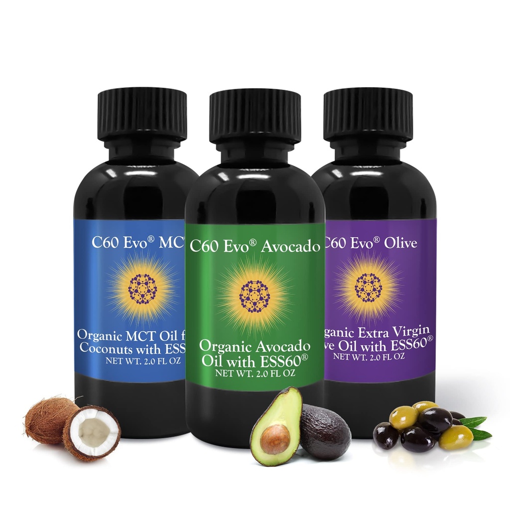 C60 Evo All- Natural Spiselige Olier, Mini Oil Sampler sæt med Pure C60 ESS60, Immun Support og fælles Support Supplement med Olivenolie, Avocado Oil & MCT Coconut Oil, Sæt af 3, 2 oz