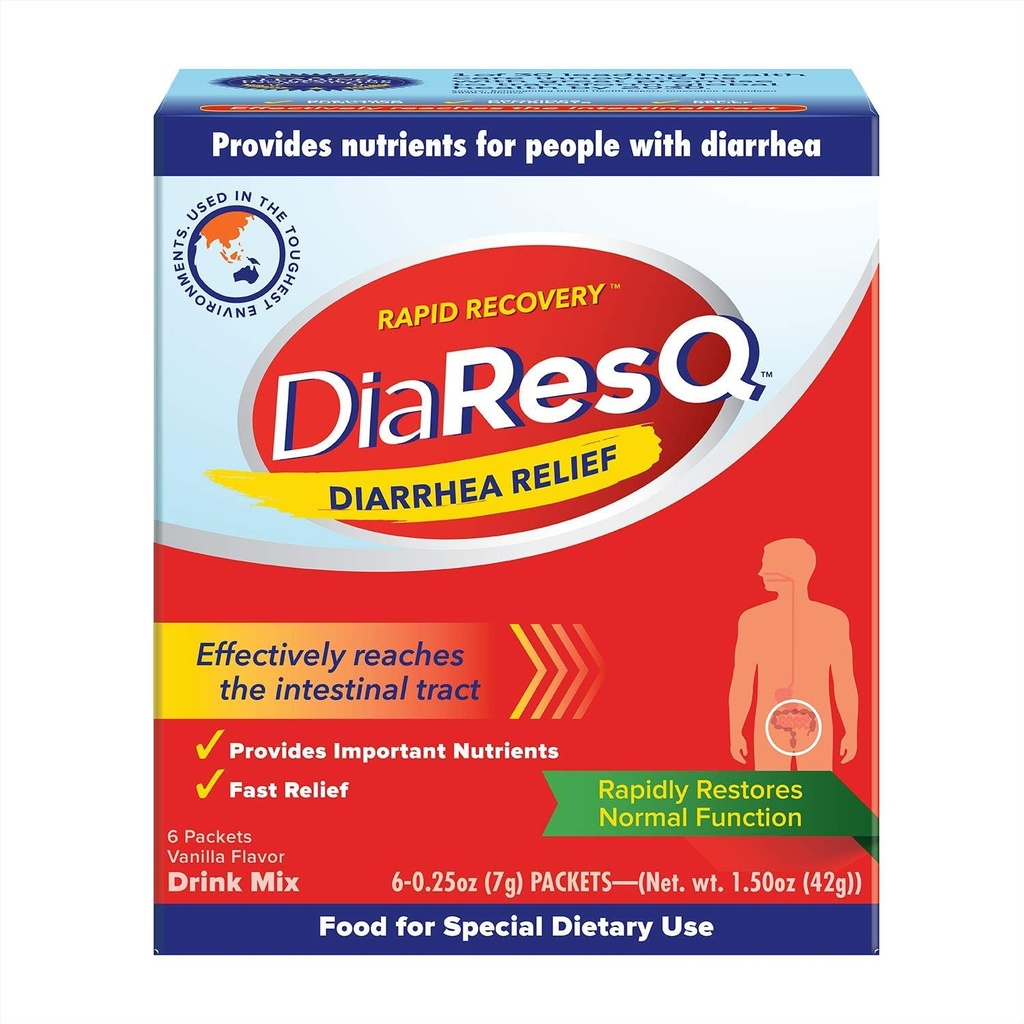 DiaResQ Diarré & immunforsvar Colostrum Drink Mix for voksne, 6 Ct, hurtig inddrivelse, Hjælper Gendanne normal intestinal funktion, Vanilla Flavor