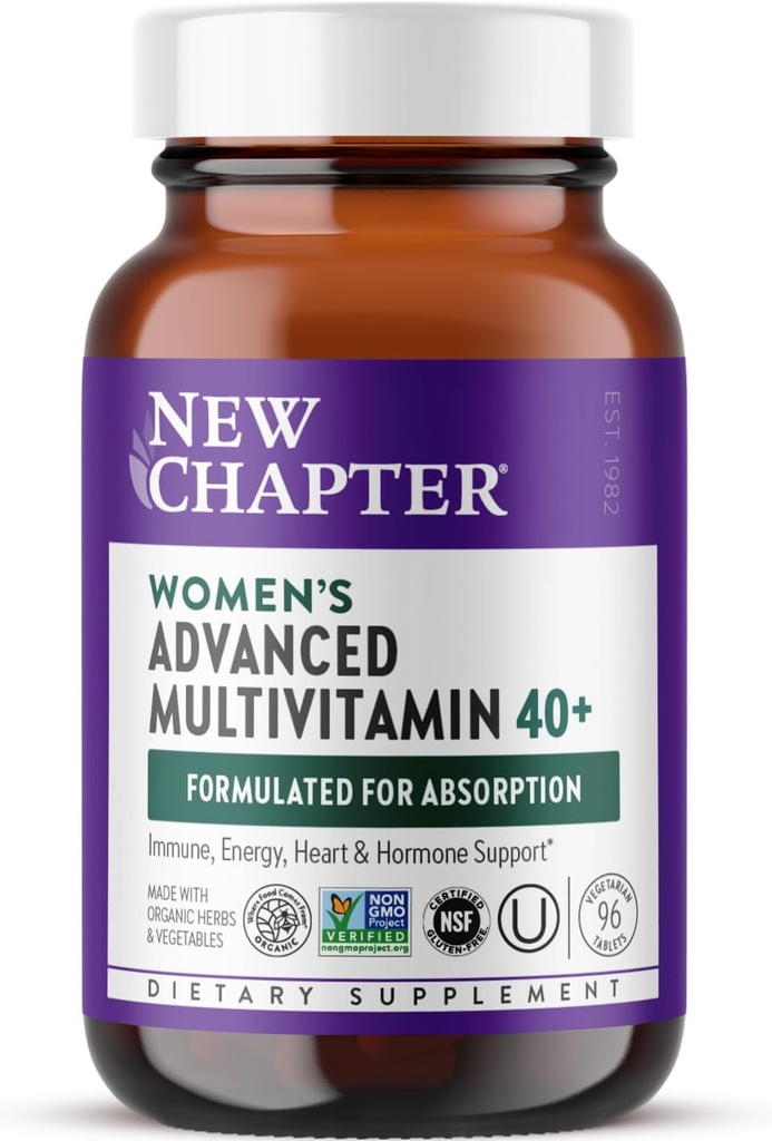 Nyt kapitel Kvinder Multivitamin 40 + Advanced Formel for hjerte, Hormone, Immun & Energy Support, Højere niveauer af Whole- Food Fermented B Vitaminer + D3, Lavet med økologiske non-GMO ingredienser, 96 Greve