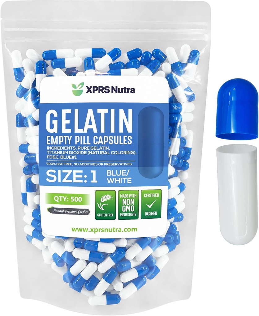 XPRS Nutra Størrelse 1 Tomme kapsler - 500 Tomme Gelatine kapsler - Pille gør det - Pure Bovin Pill Gel Caps til Do- It- Yourself Kosttilskud (blå / hvid)