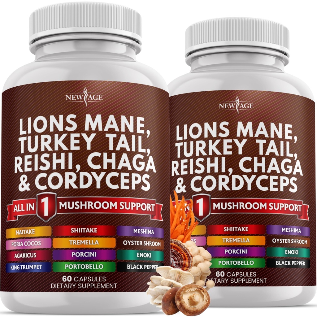 NYE AGE Lions Mane Mushroom supplement med Tyrkiet Tail Reishi Cordyceps Chaga med Marshmallow Root - 120 Greve