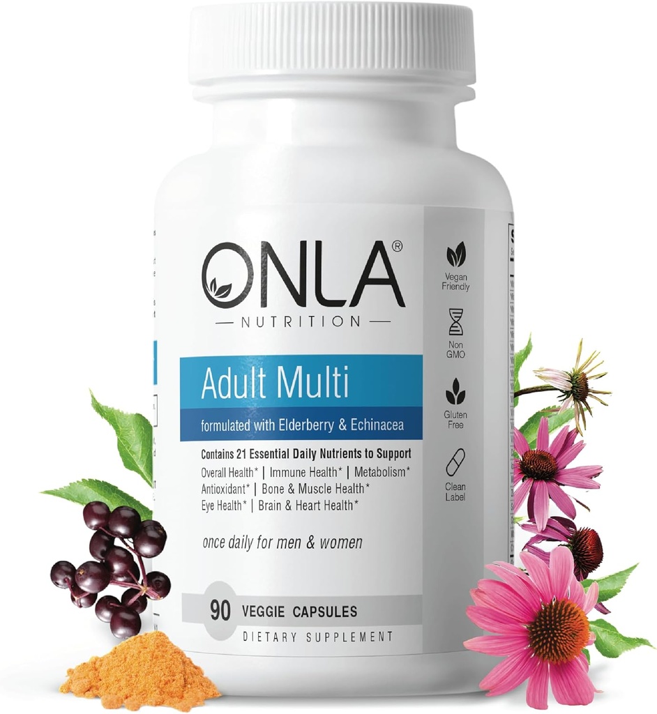 ONLA Elderberry Kosttilskud til kvinder 80mg - Vegansk Multivitaminer til immunforsvar med Echinacea & Elderberry - Non- GMO, Gluten- Free Daily Capsules - 3 Måned Supply (Udløbsdato maj 2025)