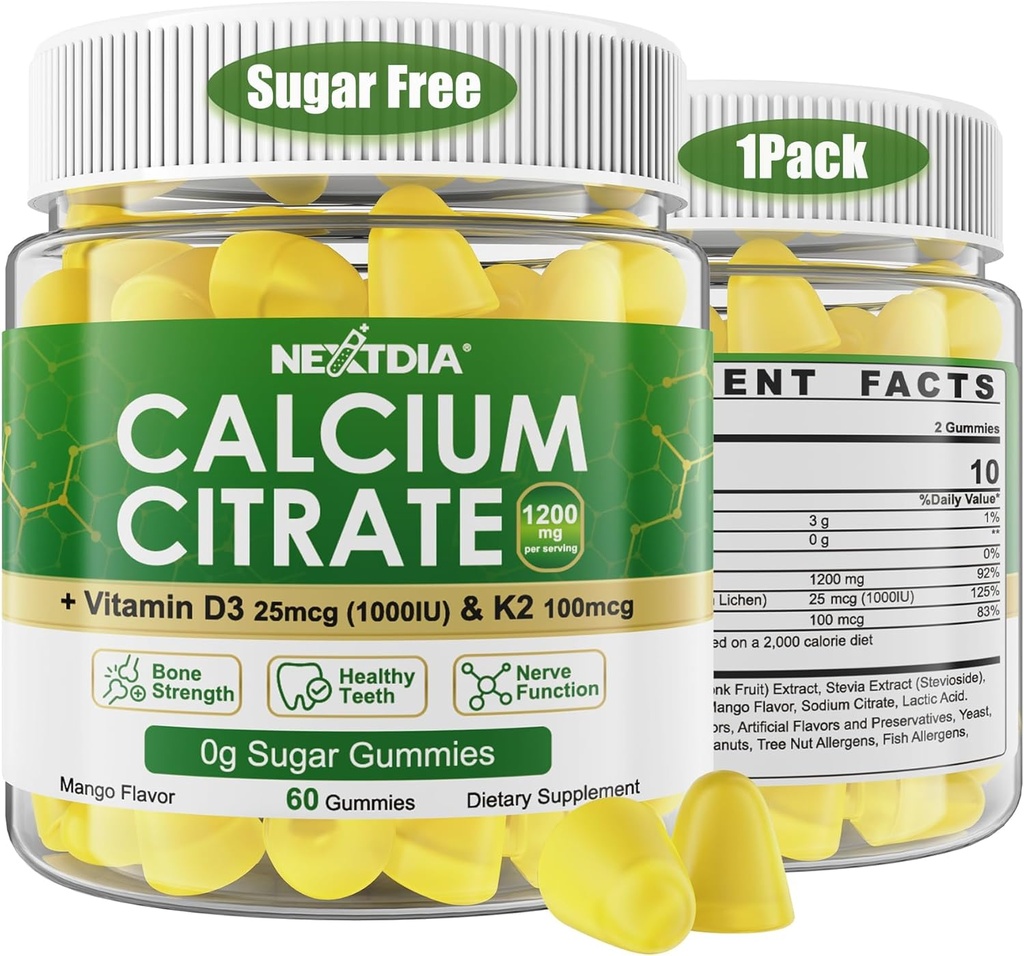 Calcium Citrate Gummies 1200mg med vitamin D3 K2, Chewable Calciumtilskud til kvinder & mænd, High Potency Support B0ne, Te * th, Strength & immun Health, Mango Flavor, Non- GMO, Sugar Free, 60 Cts