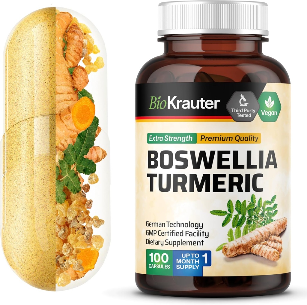 BIO KRAUTER Gurkemeje tillæg med Boswellia Extract Kapsler - 2000 mg Blend - 100 Greve - Vegan Boswellia Gurkemeje (Curcumin) - Formel w / Black Pepper