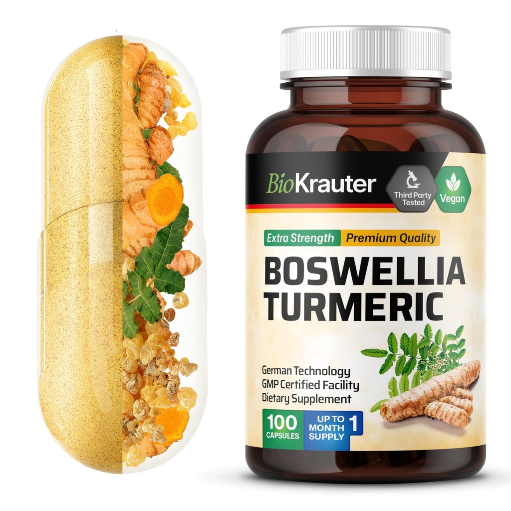 BIO KRAUTER Gurkemeje tillæg med Boswellia Extract Kapsler - 2000 mg Blend - 100 Greve - Vegan Boswellia Gurkemeje (Curcumin) - Formel w / Black Pepper