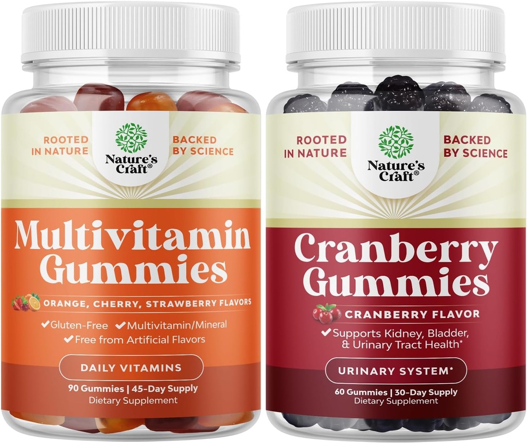 Bunde af potent daglige multivitamin gummier for voksne og naturlige tranebær gummier for kvinder og mænd - Wellness Blend af vitamin D A C E B12 Zink og biotin - ekstra styrke lækker antioxidant