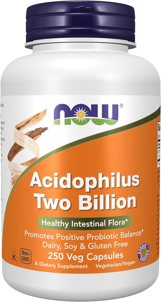 Now Foods Supplements, Acidophilus, To milliarder, Strain Verified, Sund Intestinal Flora *, 250 Veg kapsler