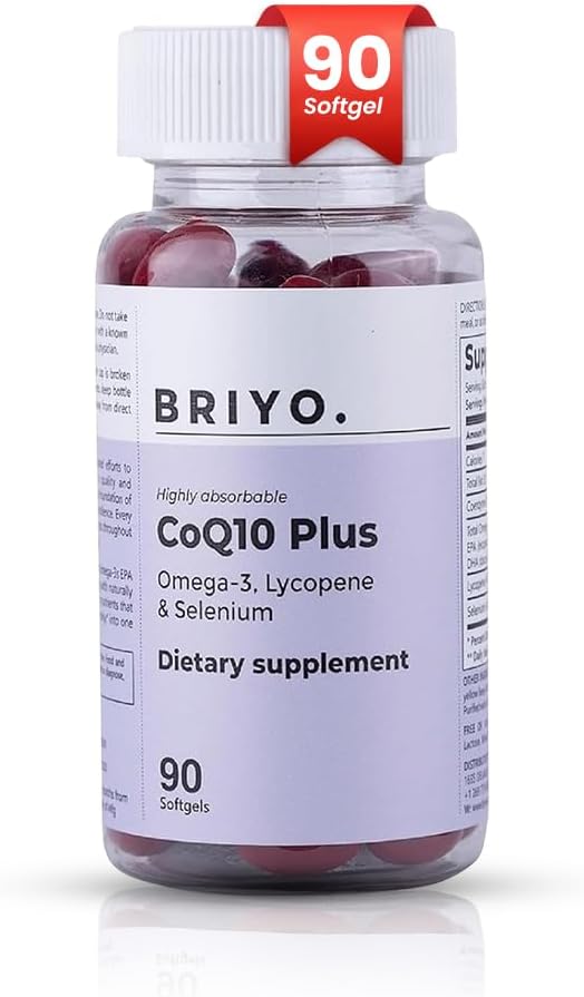 Briyo CoQ10 100mg tillæg med Omega 3 EPA DHA, Lycopene og Selenium - for Heart Health, Energy Support, Antioxidant Protection, Sund Aging - Når daglige Softgels, 90 Greve