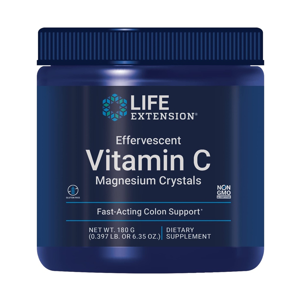 Life Extension Effervescent C-vitamin Magnesiumkrystaller, umiddelbar lindring fra lejlighedsvis obstipation, Glutenfri, Non- GMO, Vegetar, Net Wt. 180 Grams
