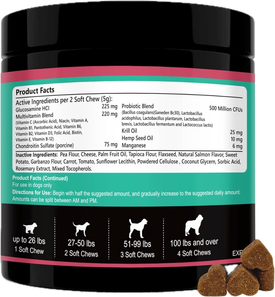 Hund Multivitaminer Chewable- 15 i 1 Hund Vitamin Multivitamin til hjerte sundhed - Omega 3 Olie til hud & Coat, Chondroitin og Glucosamin til hunde Joint & Mobility, Probiotika - 120ct