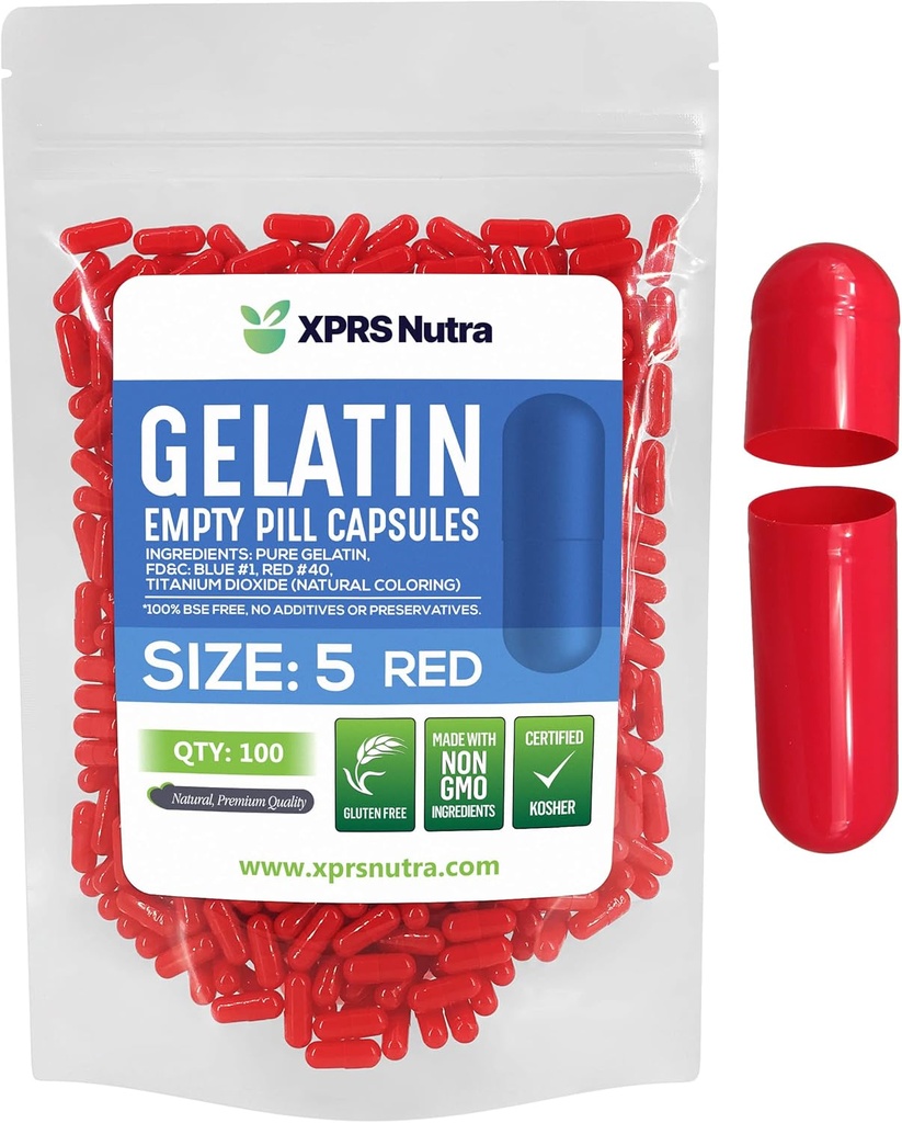 XPRS Nutra Størrelse 5 Tomme kapsler - 100 Tæl meget lille Tomme Gelatine kapsler - Piller selv Capsule Fyldning - Fyldelige Pille Gel Caps til Do- It- Yourself Vitamin Kosttilskud (rød)