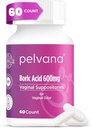 Pelvana Boric Acid Supposites for Women 60 Count - for Vaginal Odor & Freshness, Feminine Hygiene & Wellness - Third-Party Lab Verified & Flasket i USA - Feminin Health Odor Solution