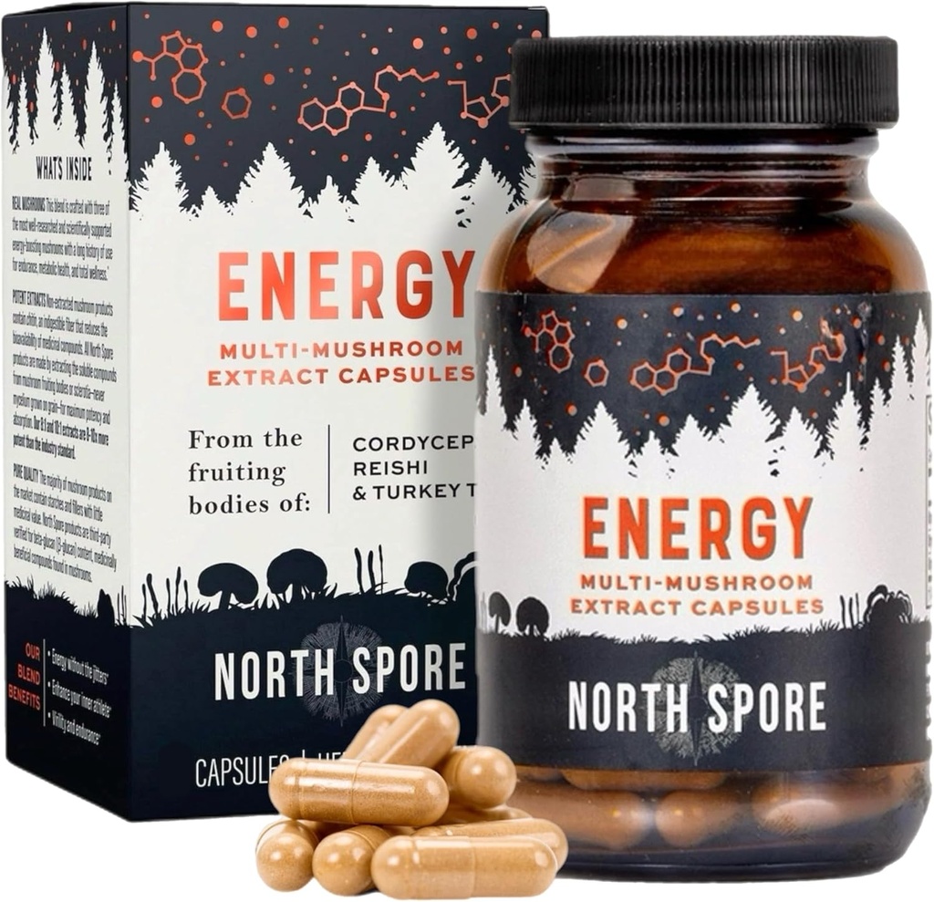 Organic 'Energy' Mushroom Extract Capsule Supplements 124; Stamina & Endurance Budding 124; Cordyceps, Reishi, Tyrkiet Tail 124; 100% Fruiting Body Extracts 124; Vegan, Non- GMO Buddy 124; Lavet i USA - 120ct
