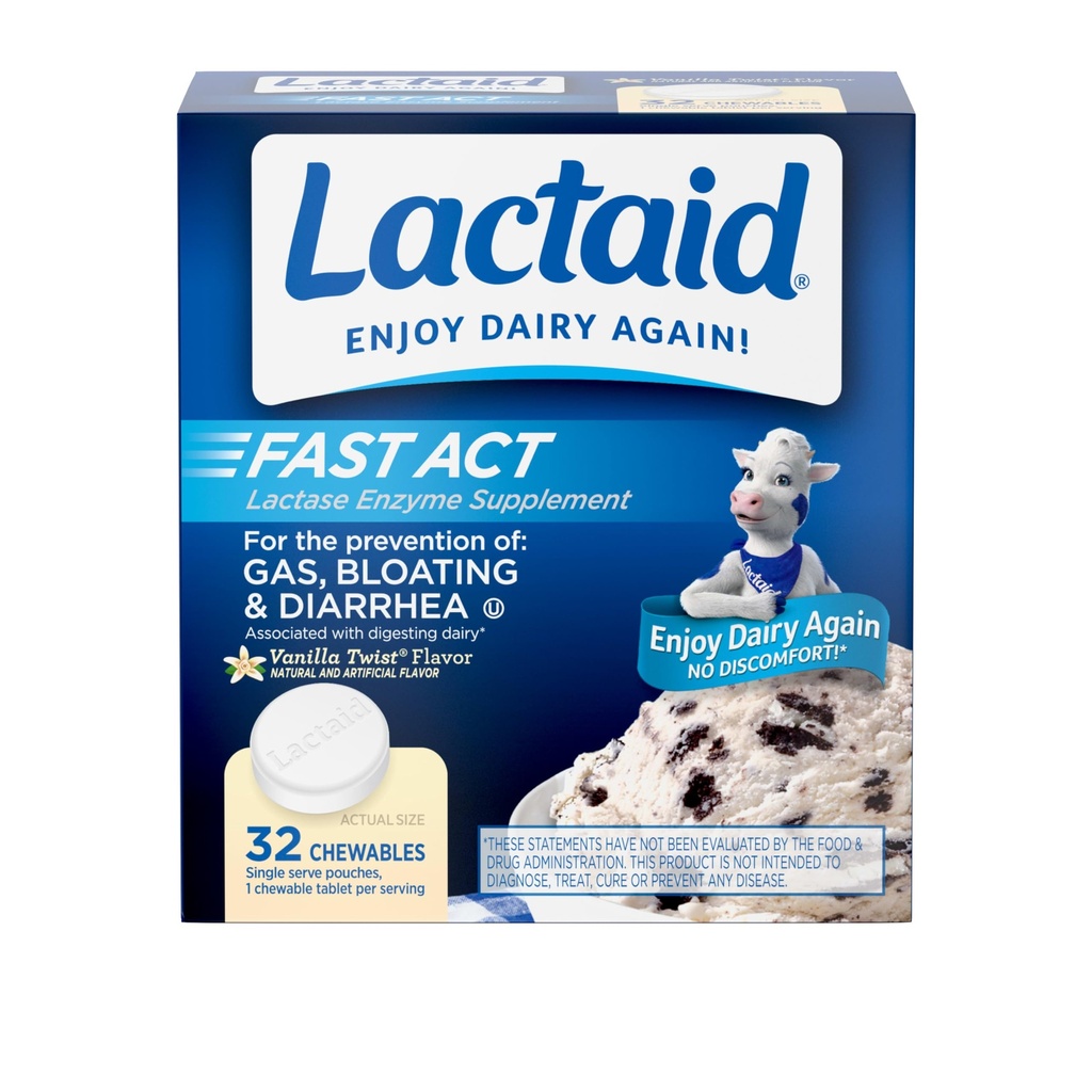 Lactaid Fast Act Lactose Intolerance Relief Chewables with Natural Lactase Enzyme to Prevent Gas, Bloating & Diarré På grund af lactose følsomhed, On- The- Go, Vanilla Twist Flavor, 32 x 1 t