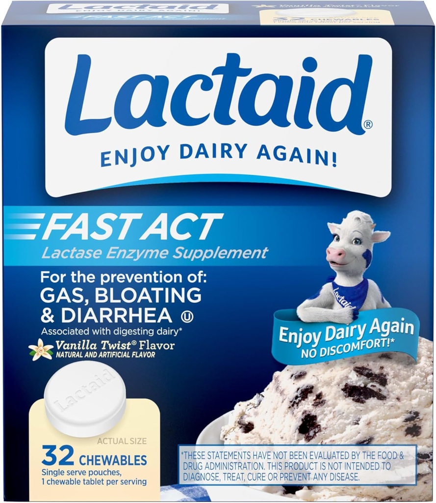 Lactaid Fast Act Lactose Intolerance Relief Chewables with Natural Lactase Enzyme to Prevent Gas, Bloating & Diarré På grund af lactose følsomhed, On- The- Go, Vanilla Twist Flavor, 32 x 1 t