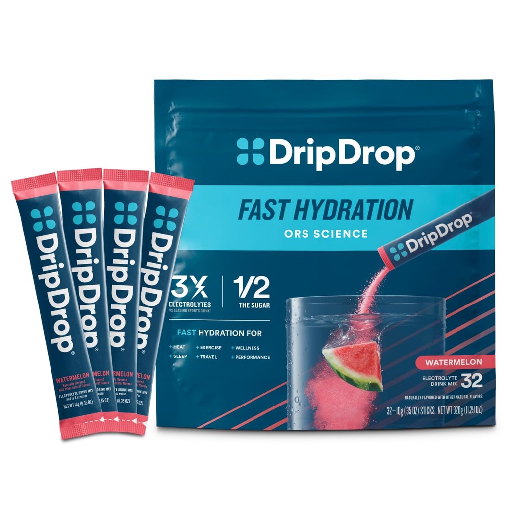 DripDrop Hydration Pakker - Vandmelon - Single Serve Electrolytes Powder Mix - Non-GMO, Gluten Free, Vegan - 32 sticks