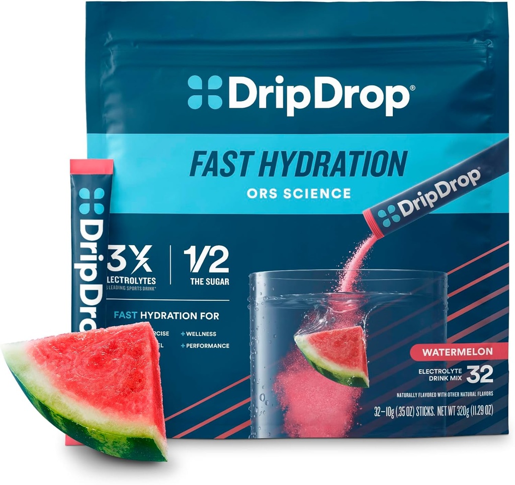 DripDrop Hydration Pakker - Vandmelon - Single Serve Electrolytes Powder Mix - Non-GMO, Gluten Free, Vegan - 32 sticks
