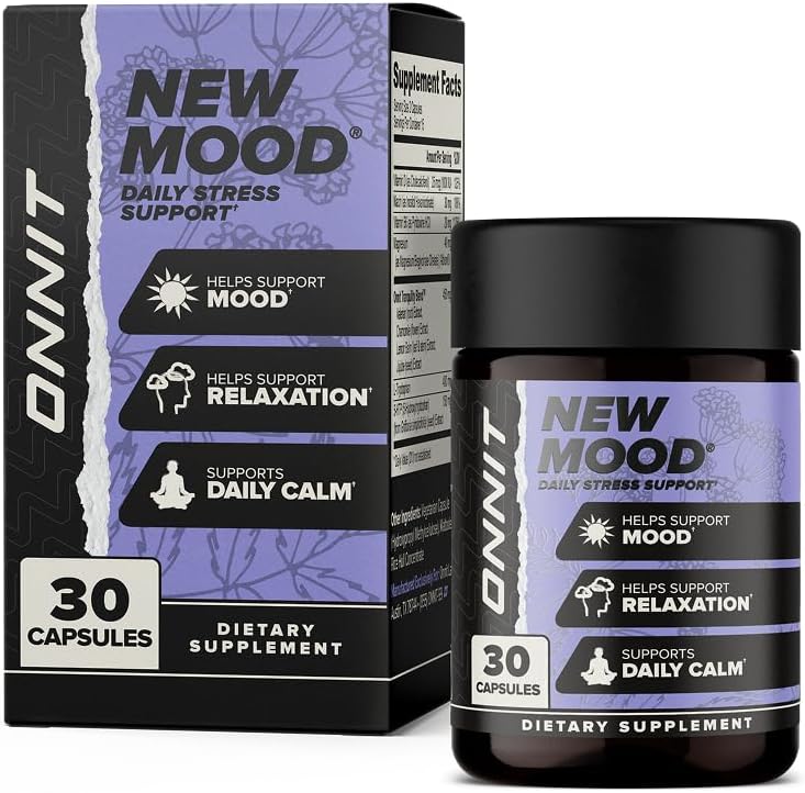 ONNIT New Mood Daily Stress Support Capsules, IGEN ™ Non- GMO Tested, Sleep and Mood Support for Mænd og Kvinder, Daily Stress Management Capsules, 30 Greve