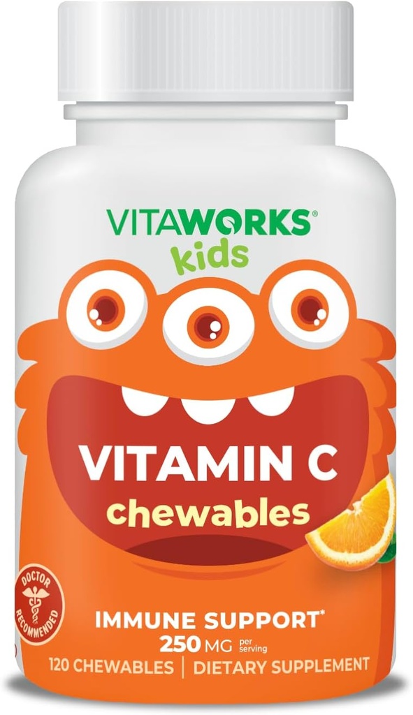 Kids C-vitamin tyggetabletter 250 mg - Vegan, GMO- Free, Gluten Free, Nut Free Vitaminer - Kosttilskud til immunforsvar - for børn - 120 tyggetabletter