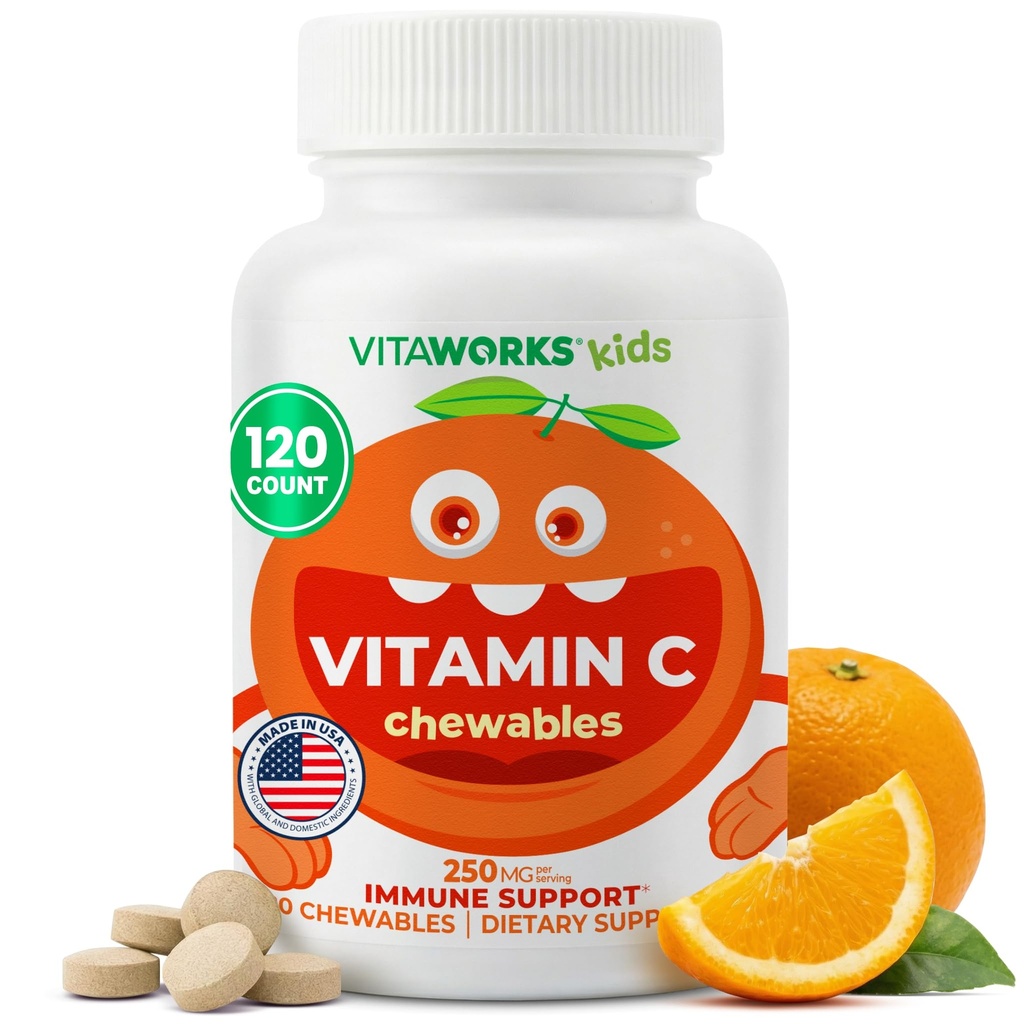 Kids C-vitamin tyggetabletter 250 mg - Vegan, GMO- Free, Gluten Free, Nut Free Vitaminer - Kosttilskud til immunforsvar - for børn - 120 tyggetabletter