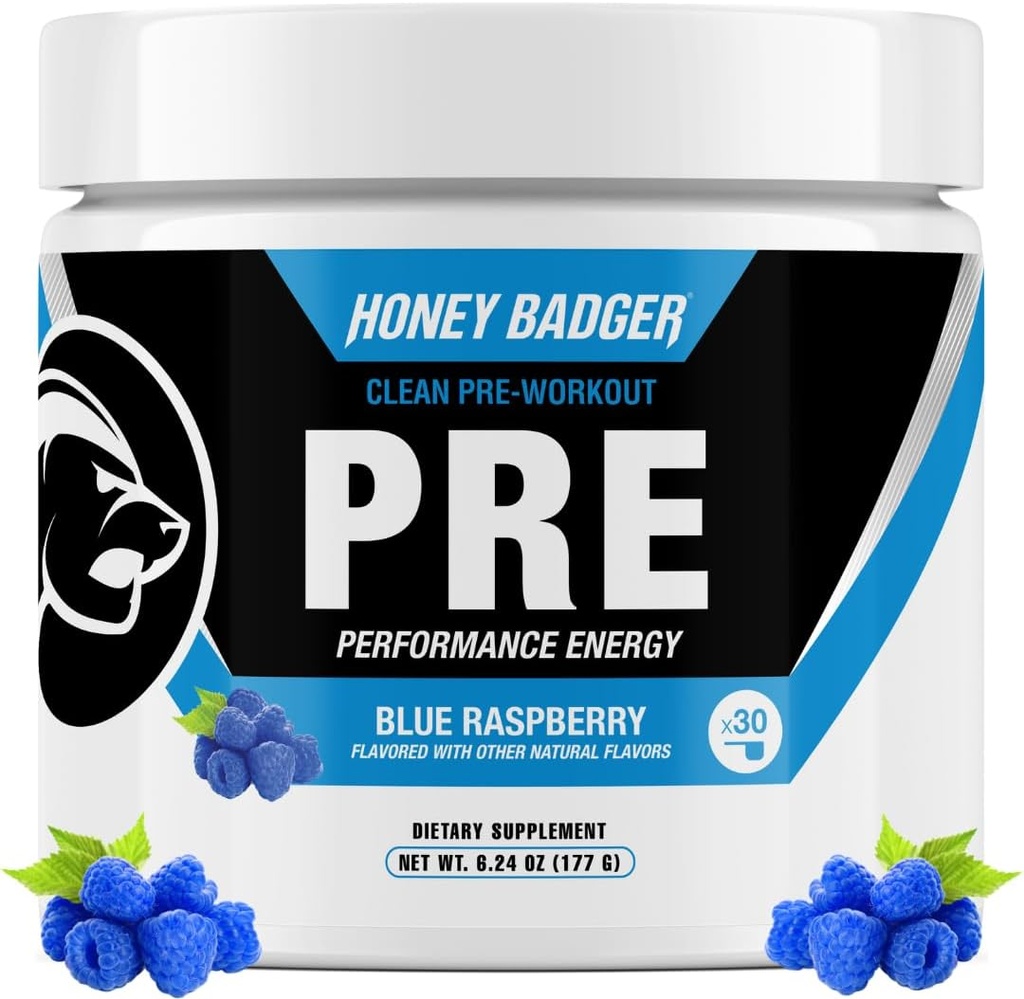 Honey Badger Pre Workout Powder, Keto Vegan Preworkout for Mænd & Kvinder, Beta Alanine & Koffein, Sukker Free Natural Energy Supplement, Blå Hindbær, 30 Servering