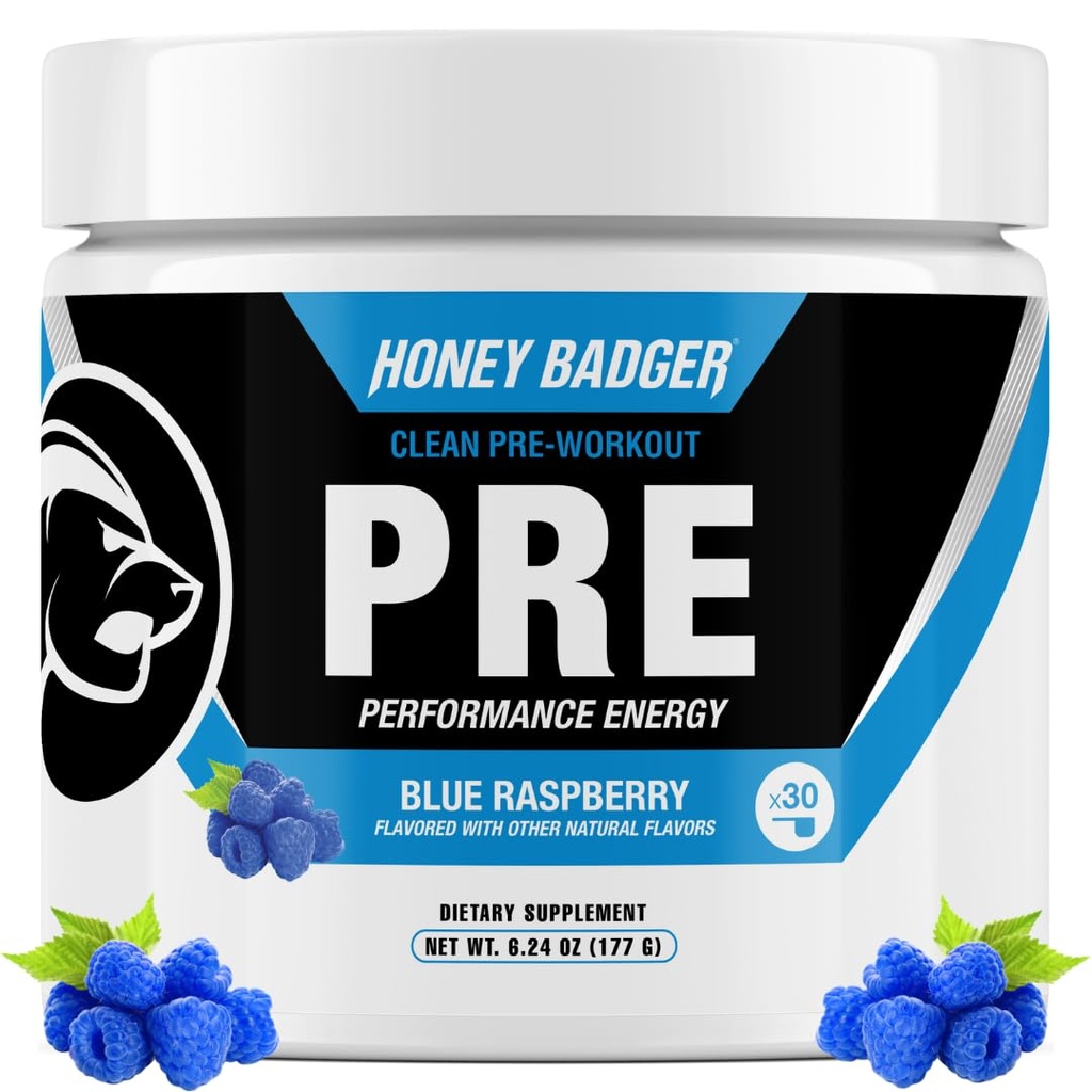 Honey Badger Pre Workout Powder, Keto Vegan Preworkout for Mænd & Kvinder, Beta Alanine & Koffein, Sukker Free Natural Energy Supplement, Blå Hindbær, 30 Servering
