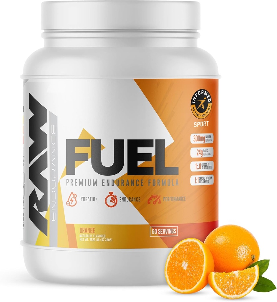 RAW Fuel, Premium Endurance Supplement Pulver, Orange (60 Servering) - Peak Performance, Hydration & Stamina Under træning, træning eller konkurrence - 24g Kulhydrater & 300mg natrium