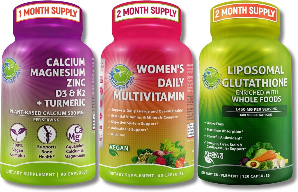 Kvinder Multivitamin, Calcium & Liposomal Glutathion Trio - Plantbaseret Calcium, Magnesium, Zink, D3, K2 & Turmerisk + Kvinder Daglige Multivitamin med Iron + Liposomal Glutathion 500 mg