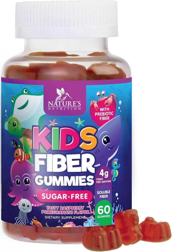Kids Fiber Gummies 4g - Prebiotic Fiber supplement til fordøjelsessygdomme, regelmæssighed og immunforsvar - Sukker Free & Plant- baseret Fiber - Natural Raspberry Flavor - Vegan, Gluten- Free - 60 Gummies