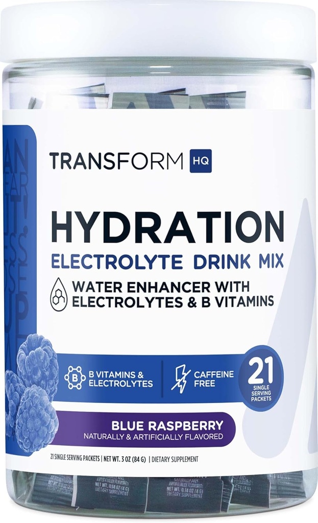 TransformHQ Hydration Drink Mix (21 Single-Serving Pakninger, Blå Hindbær) - Hydration Supplement Blend med vitaminer og elektrolyter