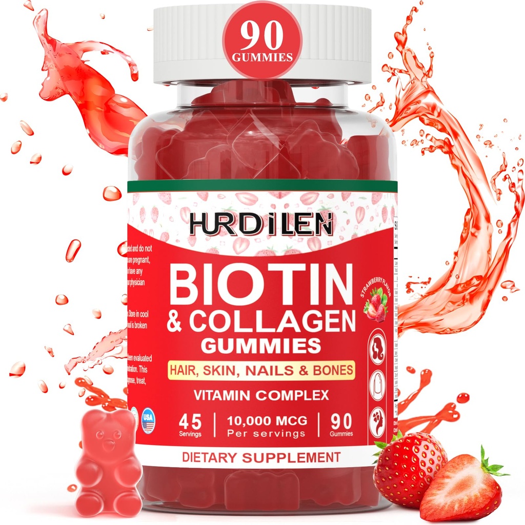 Hår Hud og negle Gummies, 10000mcg Biotin Collagen Gummies til kvinder & mænd, Vitamin Kosttilskud understøtter hurtigere hårvækst, stærkere negle, sund hud, styrke Bone, 90 Gummies