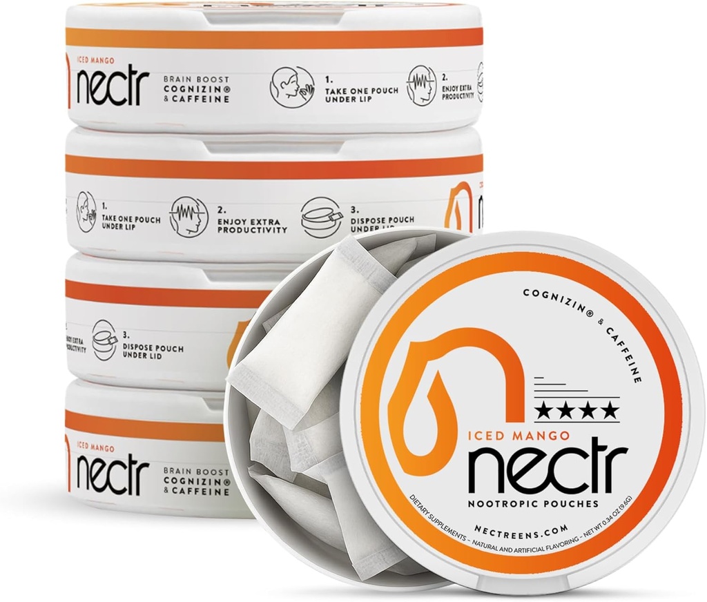 Nectr Energy Nootrop Pouches - Iced Mango Flavored, Koffein Pouches med Cognizin ® Citicolin. Sugar- Free Brain Treats. Glat, Vedvarende Focus & Energy Supplement - 5 pucks på 16pcs