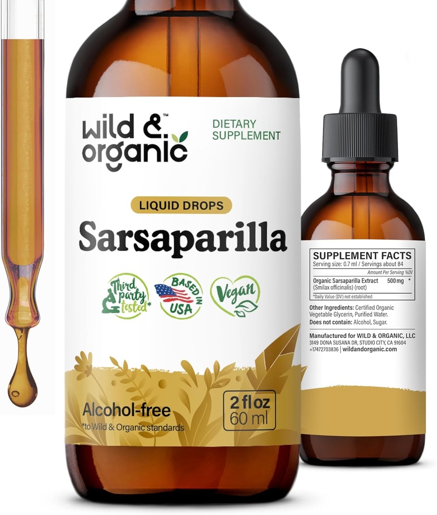 Wild & Organic Sarsaparilla Root Drops - Detox Cleanse Drops - Sarsaparilla pulver baseret tinktur - Vegan, Sukker & Alkohol- Free Liquid Supplement - 2 fl oz