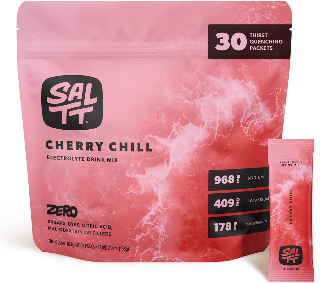 SALTT Electrolytes Powder Flavored Drink Mix - Cherry Chill - 30 Hydration Packets - Magnesium, Kalium, Natrium, Trace Minerals - Zero Sugar & Gluten Free - Rejse Essentials