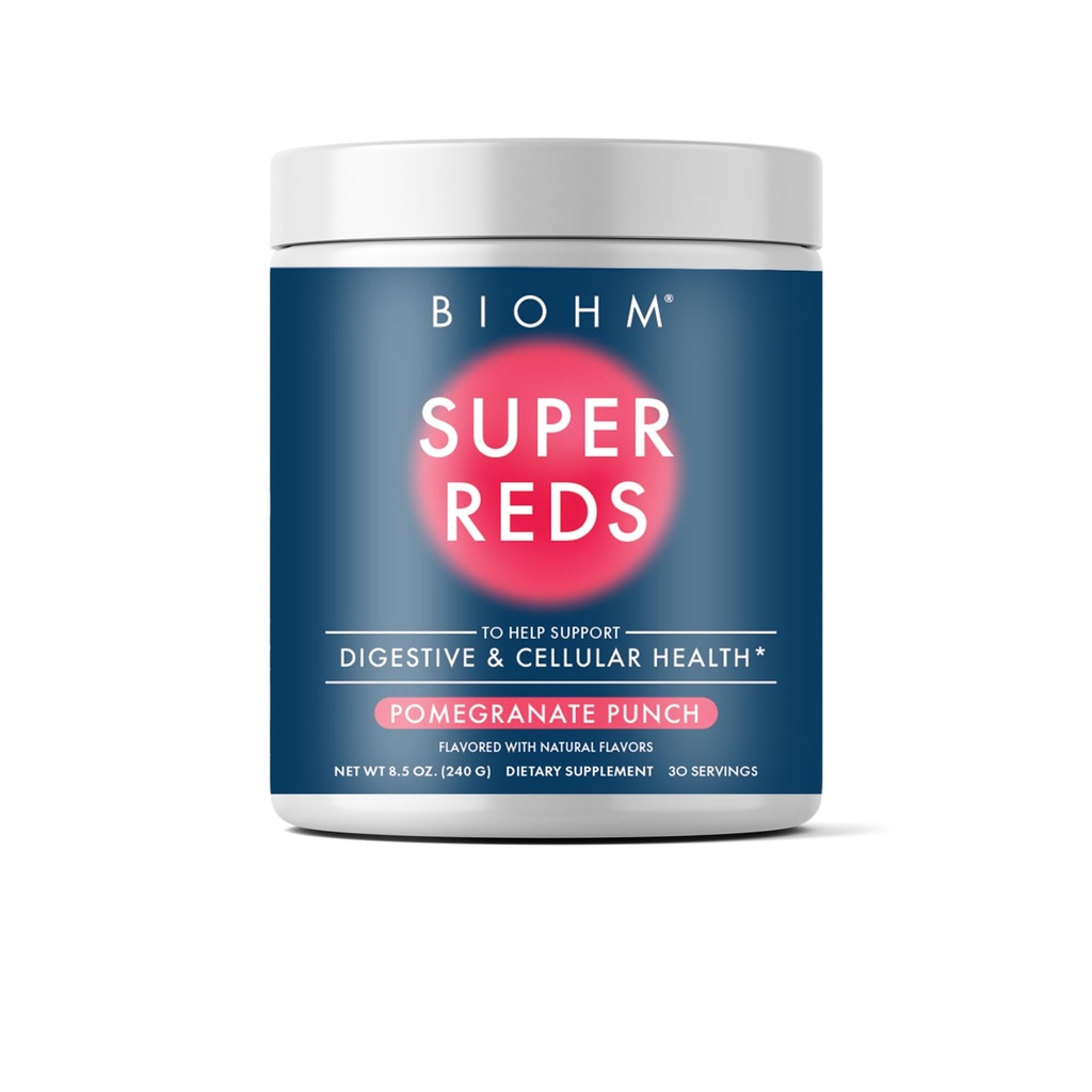 BIOHM Super Red, Beet Root Powder Antioxidant Beets og Smoothie Mix med Tart Cherry Extract og 19 røde hele fødevarer pakket med Prebiotika og Probiotika, Non- GMO, Red Berry Flavor (30 Servere)