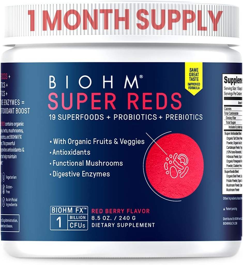 BIOHM Super Red, Beet Root Powder Antioxidant Beets og Smoothie Mix med Tart Cherry Extract og 19 røde hele fødevarer pakket med Prebiotika og Probiotika, Non- GMO, Red Berry Flavor (30 Servere)