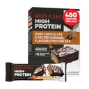 MUSASHI High Protein Bar, 45g Protein, < 1g Sugarer i alt, Mørk Chokolade & Saltet Caramel, Post Workout og Protein Snack On Go, 12 Pack af 3,2 oz (90g) Barer