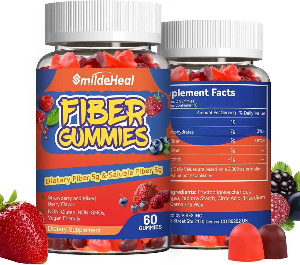 Fiber Gummy, Kostfibre, for kvinder og mænd, Gut Health Support, Ikke-GMO 'er, Non-Gluten, Vegan, Blandet Berry og Strawberry Flavor, 120 Grev Gummies